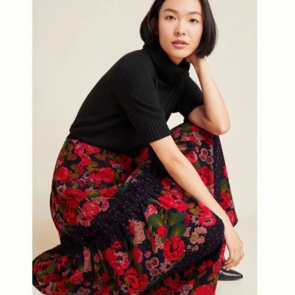 new Anthropologie Eva Franco Danette Roses Tiered Corduroy Maxi Skirt